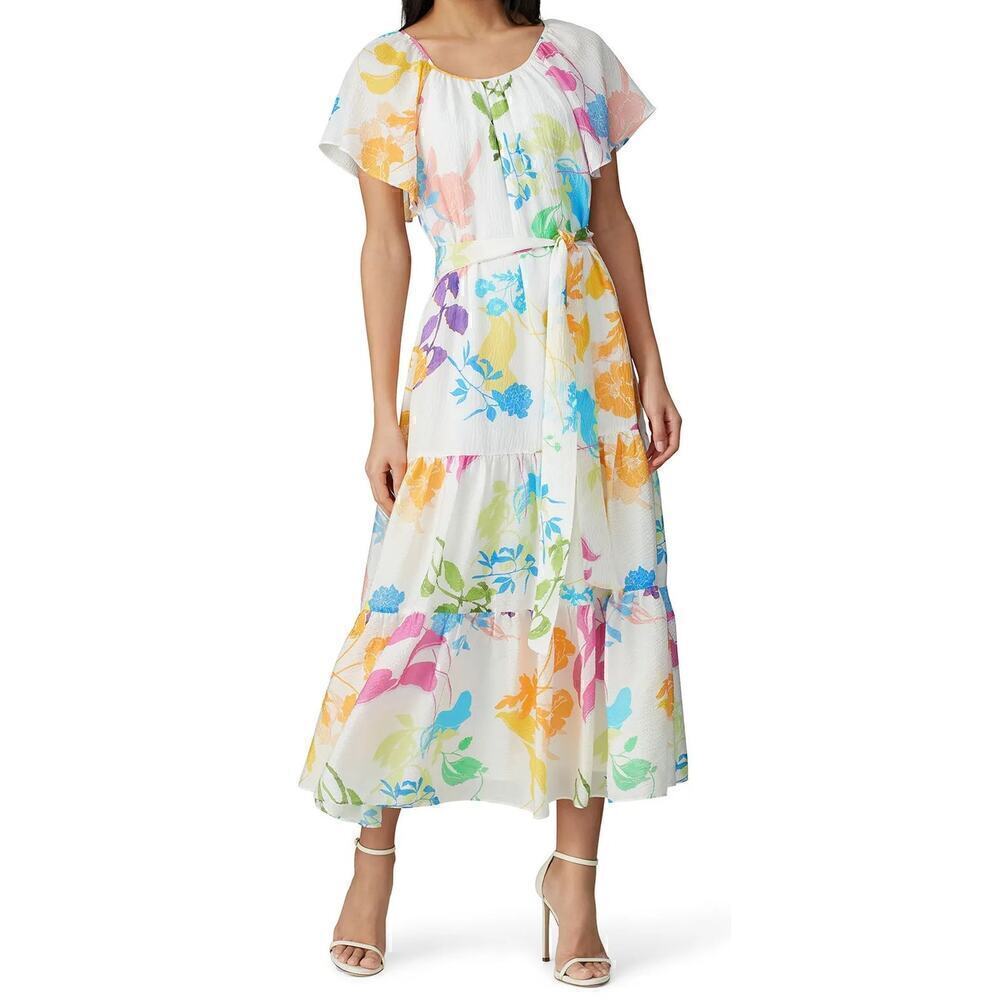 Tanya Taylor Ella Dress Floral Silk Blend Flutter Sleeve Tiered Ruffle Midi 4